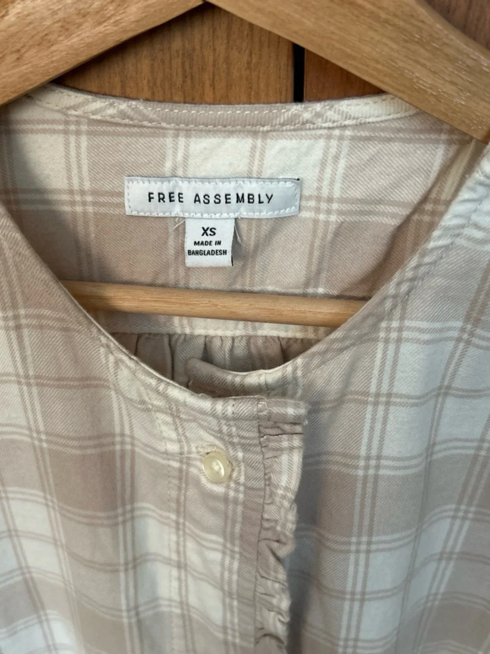 Women's Neutral Cream Plaid Button-Down Shirt with Ruffle Detail - Picture 2 of 8
